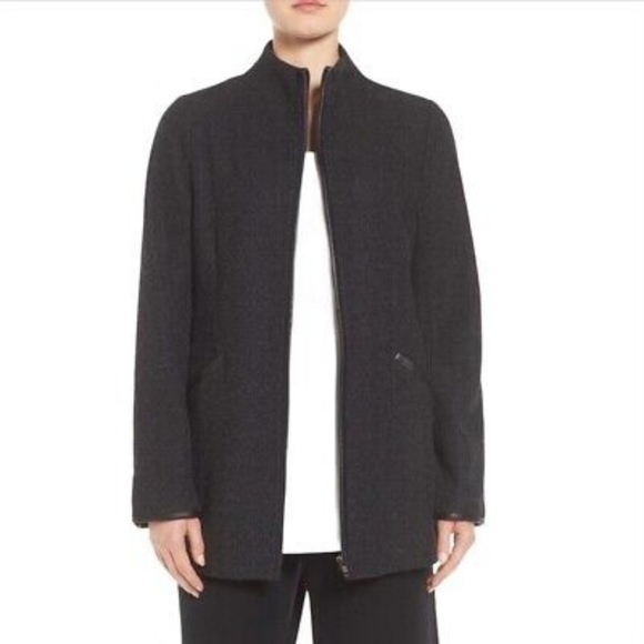 EILEEN Fisher Wool Blend Leather Trim Jacket, Size Large - Picture 1 of 13